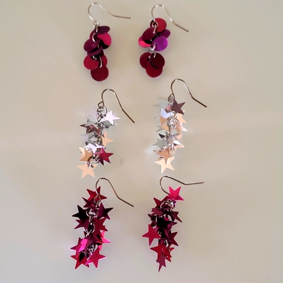 Jewelry - EUC Lot of sequin sparkly earrings - 3 pairs, stars and circles silver and pink